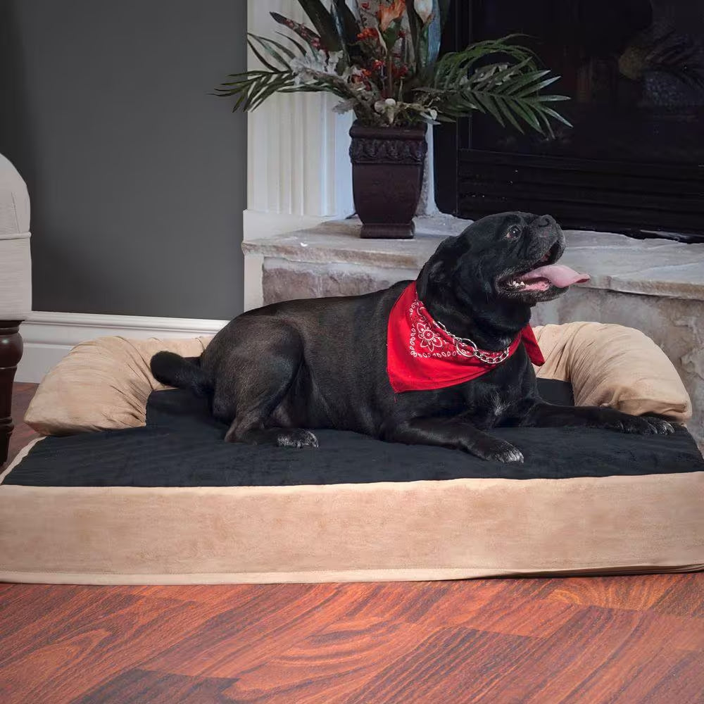 Extra Large Tan Orthopedic Memory Foam Pet Bed with Bolster