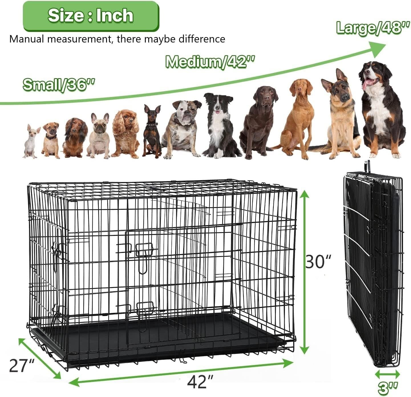 42 Inch Large Dog Crate Pet Cage Pet & Animal Kennel Dog Crate Furniture Metal Folding Two-Door Indoor Outdoor Strong Metal Dog Cage Divider and Handle Plastic Bottoms for Small/Medium Dogs…