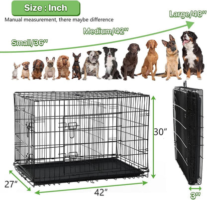 42 Inch Large Dog Crate Pet Cage Pet & Animal Kennel Dog Crate Furniture Metal Folding Two-Door Indoor Outdoor Strong Metal Dog Cage Divider and Handle Plastic Bottoms for Small/Medium Dogs…