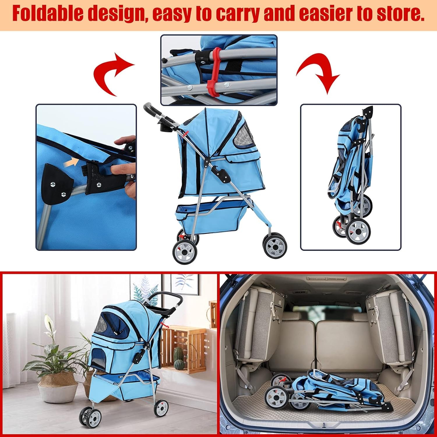 3 Wheels Pet Stroller for Dogs/Cats, Cat Dog Cage Stroller, Travel Folding Carrier with Removable Liner & Storage Basket & Cup Holder, for Small-Medium Dog, Cat - Blue