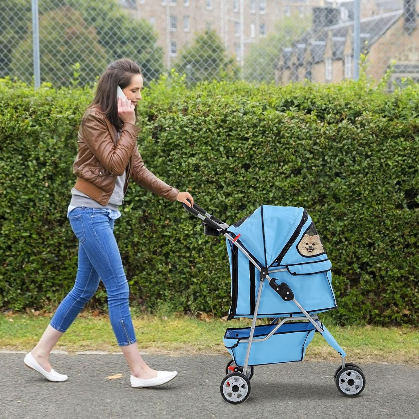 3 Wheels Pet Stroller for Dogs/Cats, Cat Dog Cage Stroller, Travel Folding Carrier with Removable Liner & Storage Basket & Cup Holder, for Small-Medium Dog, Cat - Blue