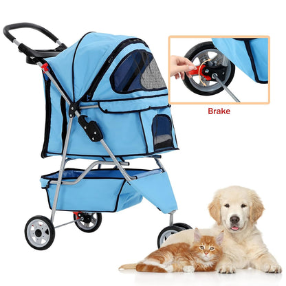 3 Wheels Pet Stroller for Dogs/Cats, Cat Dog Cage Stroller, Travel Folding Carrier with Removable Liner & Storage Basket & Cup Holder, for Small-Medium Dog, Cat - Blue