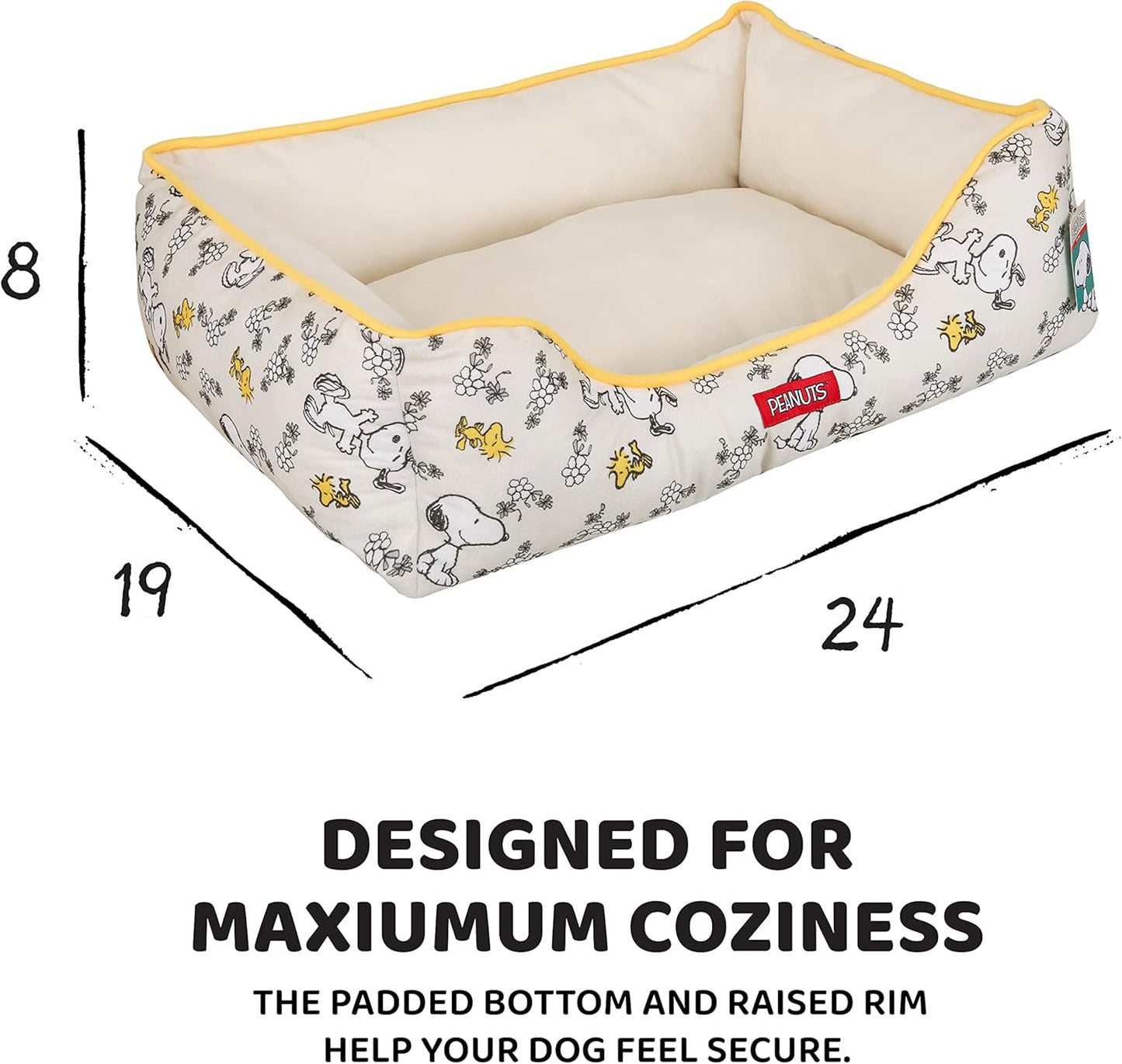 Peanuts for Pets Snoopy & Woodstock Cuddler Dog Bed in Beige | Elevated Dog Bed with Raised Rim | Plush and Comfortable Machine Washable Dog Bed for All Dogs, 24" X 19" X 8"