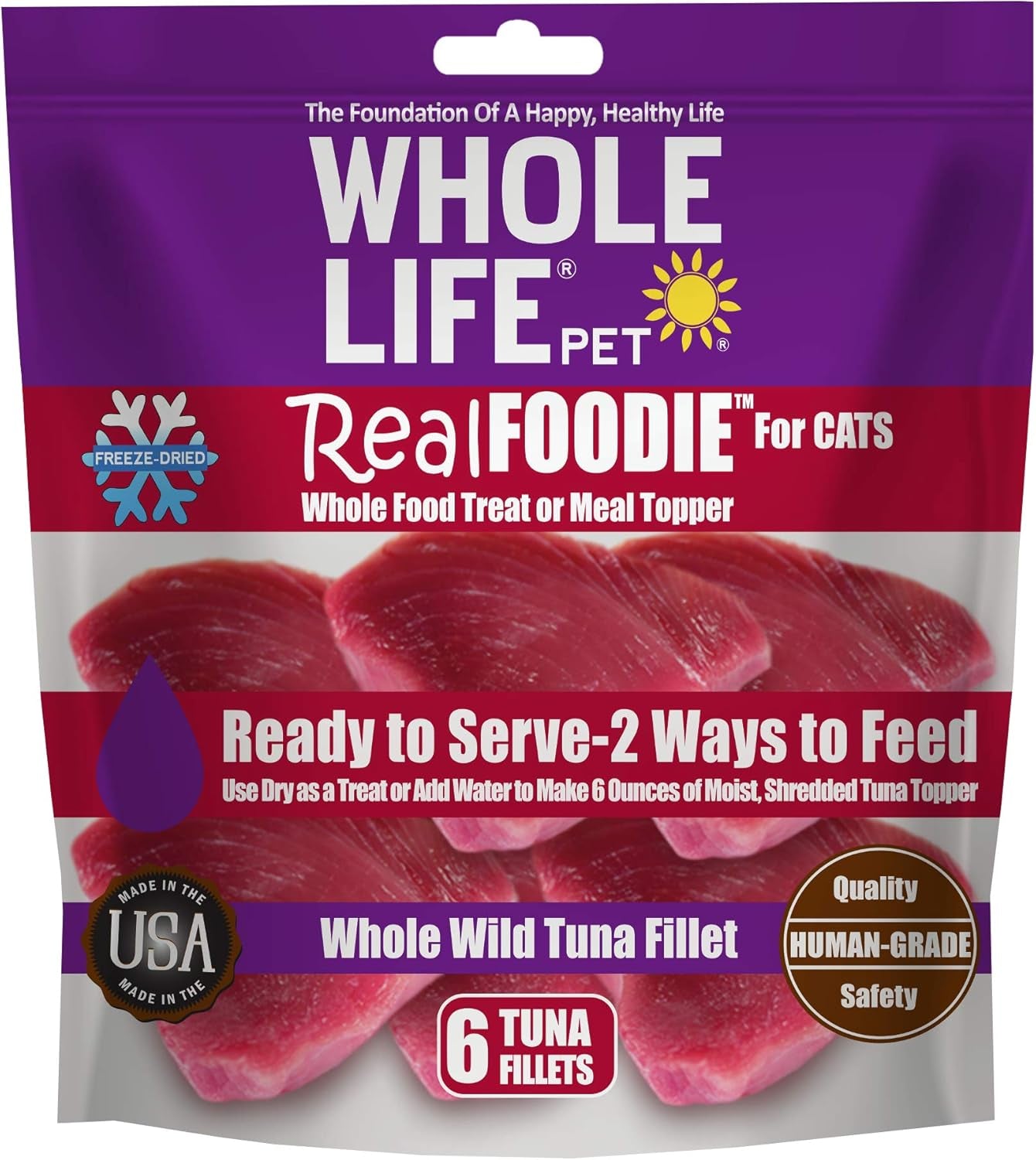 Whole Life Pet Realfoodie USA Sourced and Produced Freeze Dried Whole Boneless, Skinless Wild Tuna Fillet Treat or Meal Mixer for Cats, Protein Rich for Picky Eaters, 6 Count