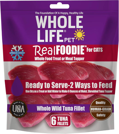 Whole Life Pet Realfoodie USA Sourced and Produced Freeze Dried Whole Boneless, Skinless Wild Tuna Fillet Treat or Meal Mixer for Cats, Protein Rich for Picky Eaters, 6 Count