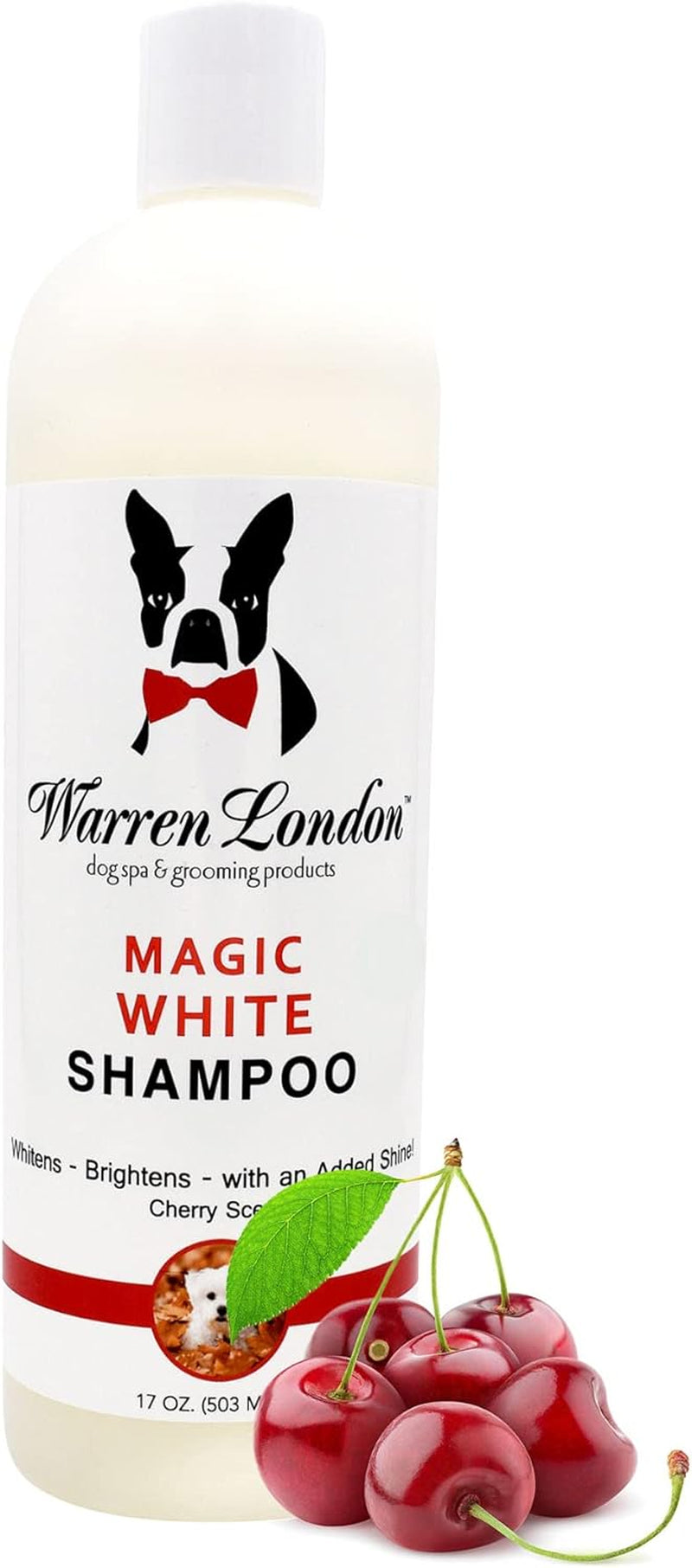 Magic White Dog Shampoo | Whitening Shampoo for White Dogs & Lighter Dog Coats | Puppy and Cat Safe Grooming Supplies | Cherry Scent | Made in USA | 17Oz