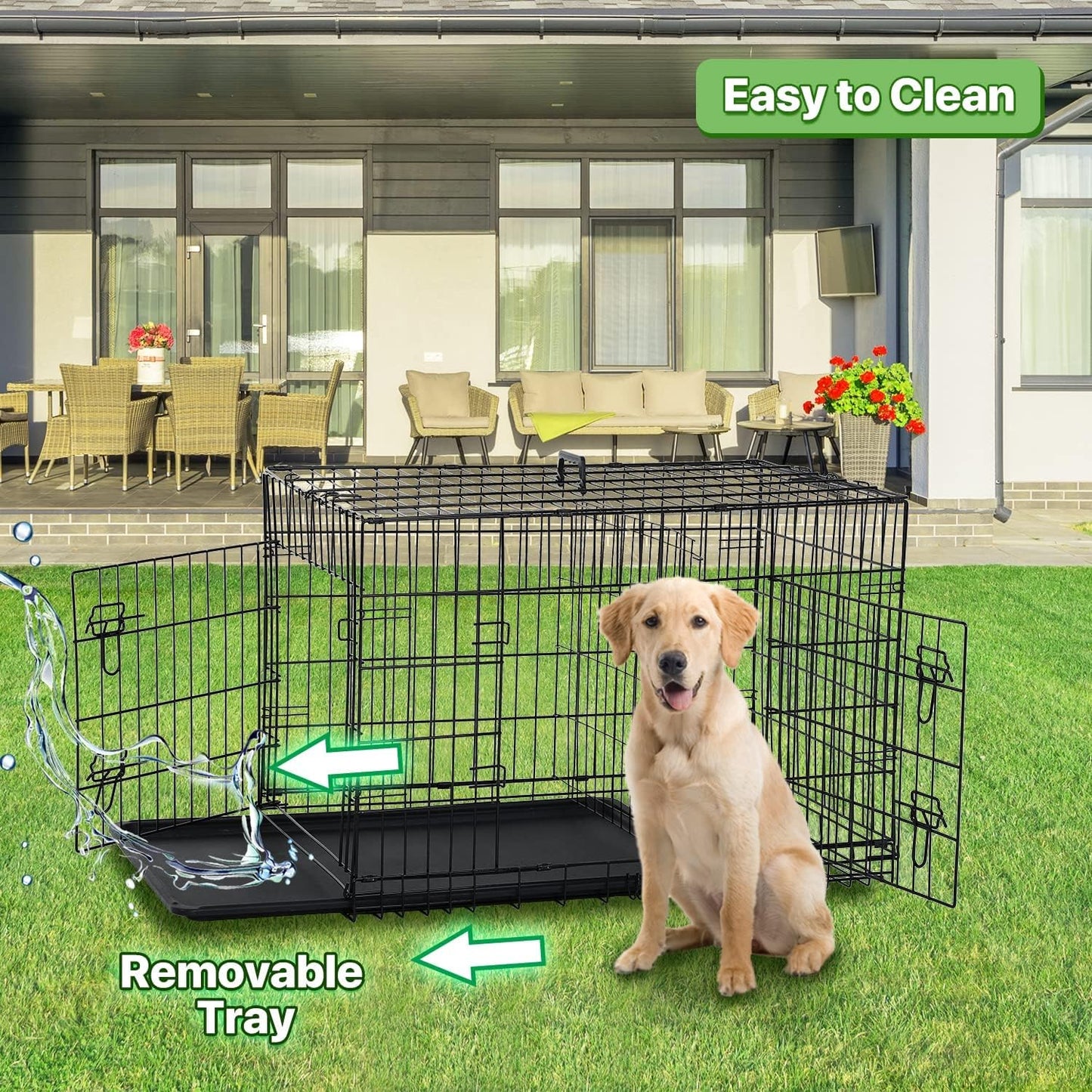 42 Inch Large Dog Crate Pet Cage Pet & Animal Kennel Dog Crate Furniture Metal Folding Two-Door Indoor Outdoor Strong Metal Dog Cage Divider and Handle Plastic Bottoms for Small/Medium Dogs…