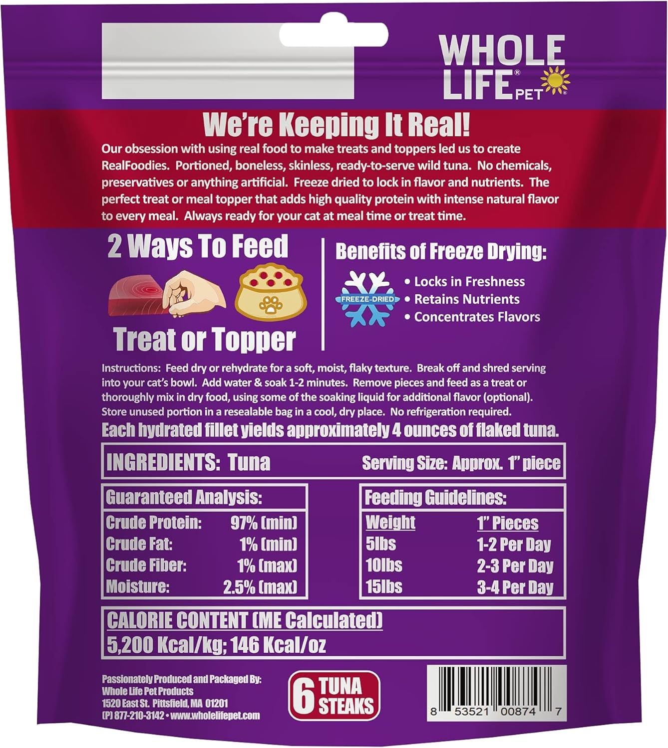 Whole Life Pet Realfoodie USA Sourced and Produced Freeze Dried Whole Boneless, Skinless Wild Tuna Fillet Treat or Meal Mixer for Cats, Protein Rich for Picky Eaters, 6 Count