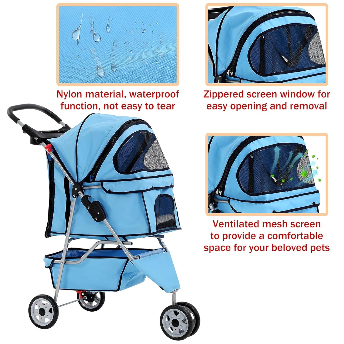 3 Wheels Pet Stroller for Dogs/Cats, Cat Dog Cage Stroller, Travel Folding Carrier with Removable Liner & Storage Basket & Cup Holder, for Small-Medium Dog, Cat - Blue