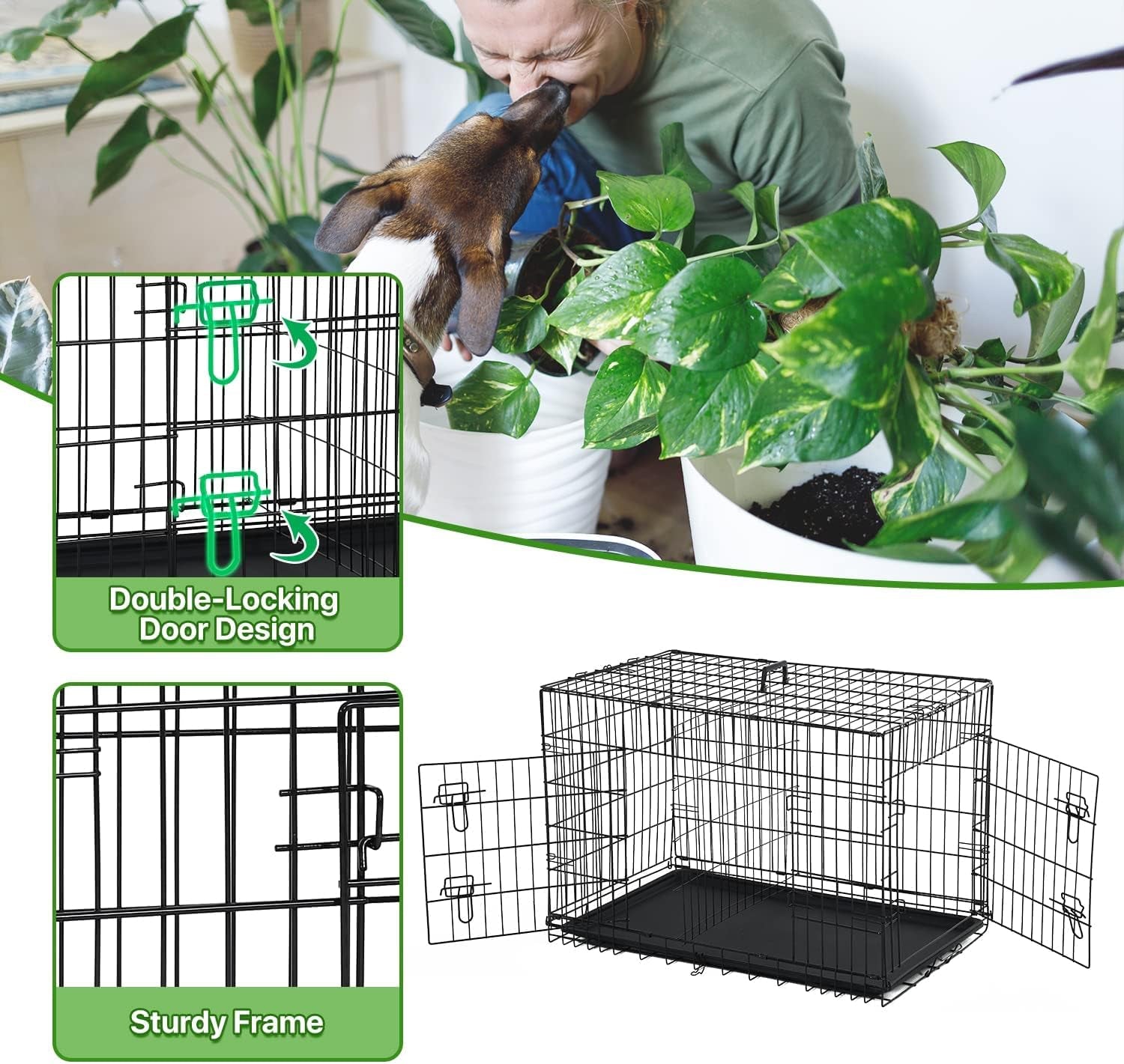 42 Inch Large Dog Crate Pet Cage Pet & Animal Kennel Dog Crate Furniture Metal Folding Two-Door Indoor Outdoor Strong Metal Dog Cage Divider and Handle Plastic Bottoms for Small/Medium Dogs…