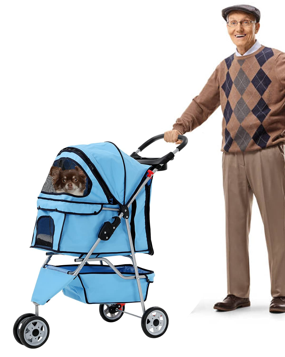 3 Wheels Pet Stroller for Dogs/Cats, Cat Dog Cage Stroller, Travel Folding Carrier with Removable Liner & Storage Basket & Cup Holder, for Small-Medium Dog, Cat - Blue