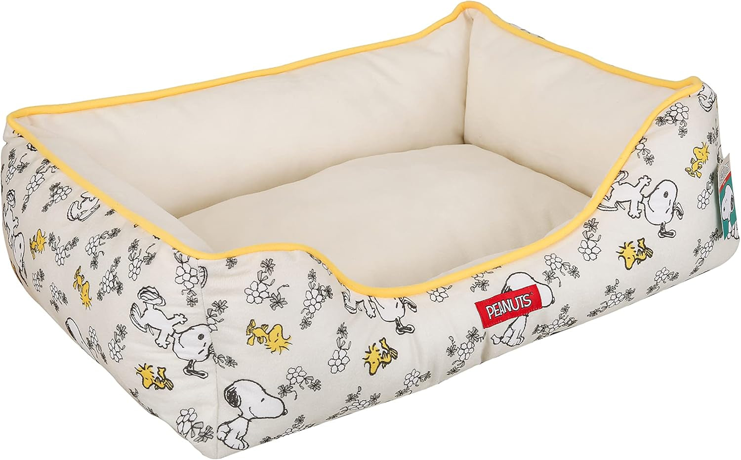 Peanuts for Pets Snoopy & Woodstock Cuddler Dog Bed in Beige | Elevated Dog Bed with Raised Rim | Plush and Comfortable Machine Washable Dog Bed for All Dogs, 24" X 19" X 8"