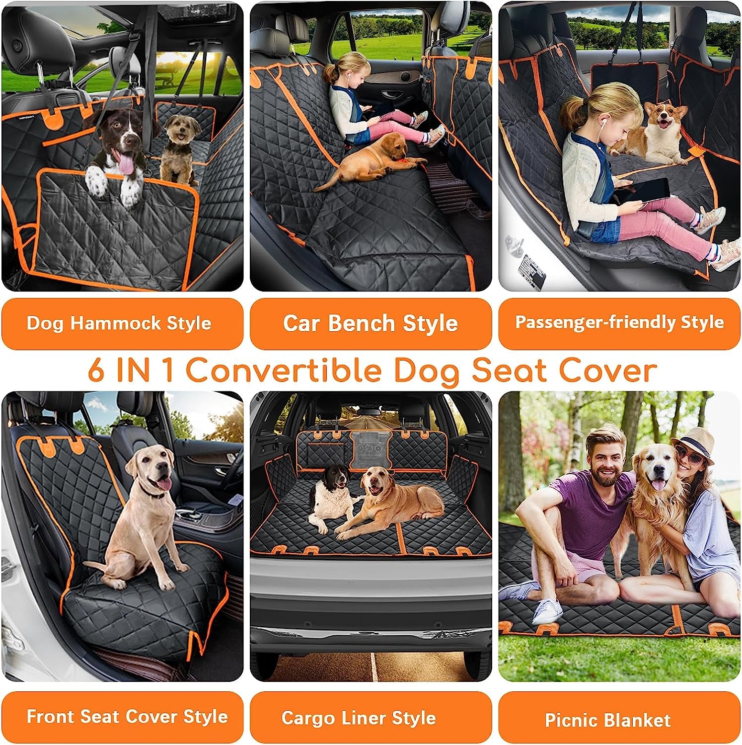 6 in 1 Convertible Dog Car Seat Cover for Back Seat 60/40 Split Dog Seat Cover 100% Waterproof Dog Hammock for Car Nonslip Pet Seat Cover with Mesh Window & Pocket for Cars Trucks and Suvs