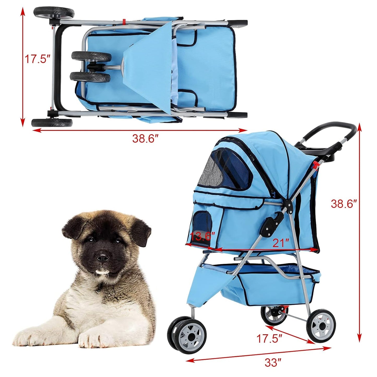 3 Wheels Pet Stroller for Dogs/Cats, Cat Dog Cage Stroller, Travel Folding Carrier with Removable Liner & Storage Basket & Cup Holder, for Small-Medium Dog, Cat - Blue