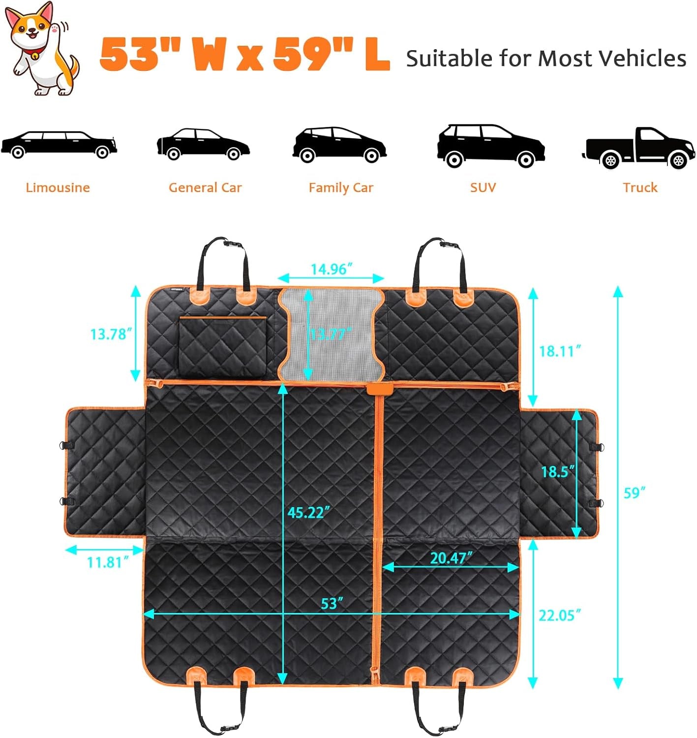 6 in 1 Convertible Dog Car Seat Cover for Back Seat 60/40 Split Dog Seat Cover 100% Waterproof Dog Hammock for Car Nonslip Pet Seat Cover with Mesh Window & Pocket for Cars Trucks and Suvs