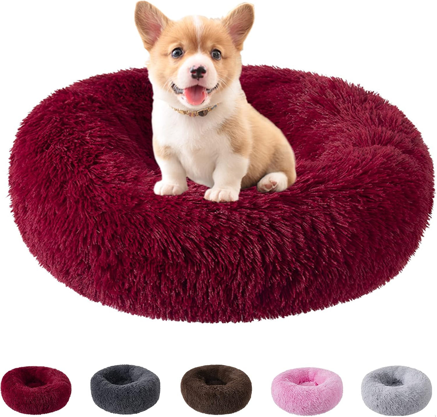 Pet Dog Bed Cat Bed，Faux Fur Dog Bed，Calming Dog Bed，Warming Cozy Soft Dog round Bed,Washable Small Dog Bed(50Cm, Red)