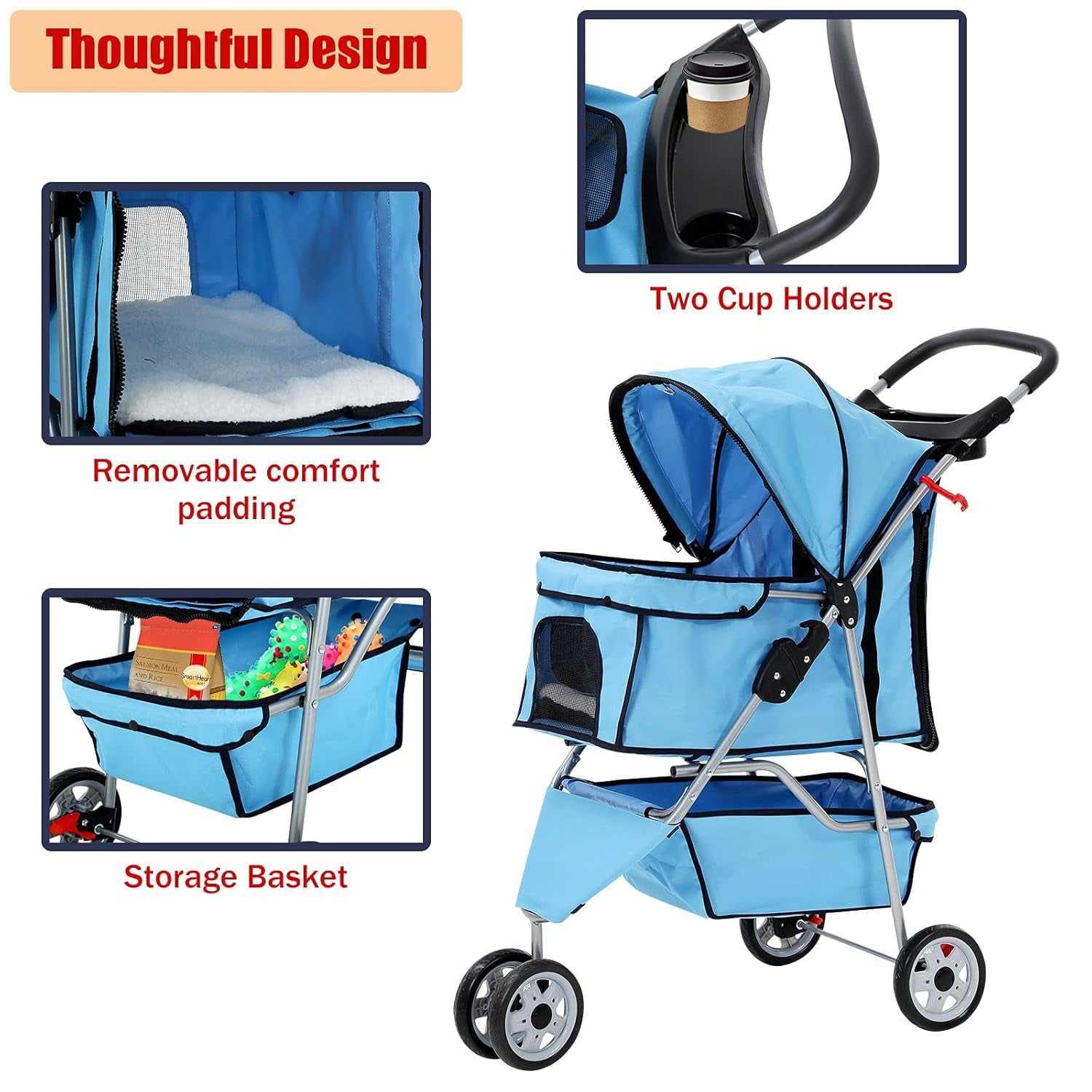 3 Wheels Pet Stroller for Dogs/Cats, Cat Dog Cage Stroller, Travel Folding Carrier with Removable Liner & Storage Basket & Cup Holder, for Small-Medium Dog, Cat - Blue